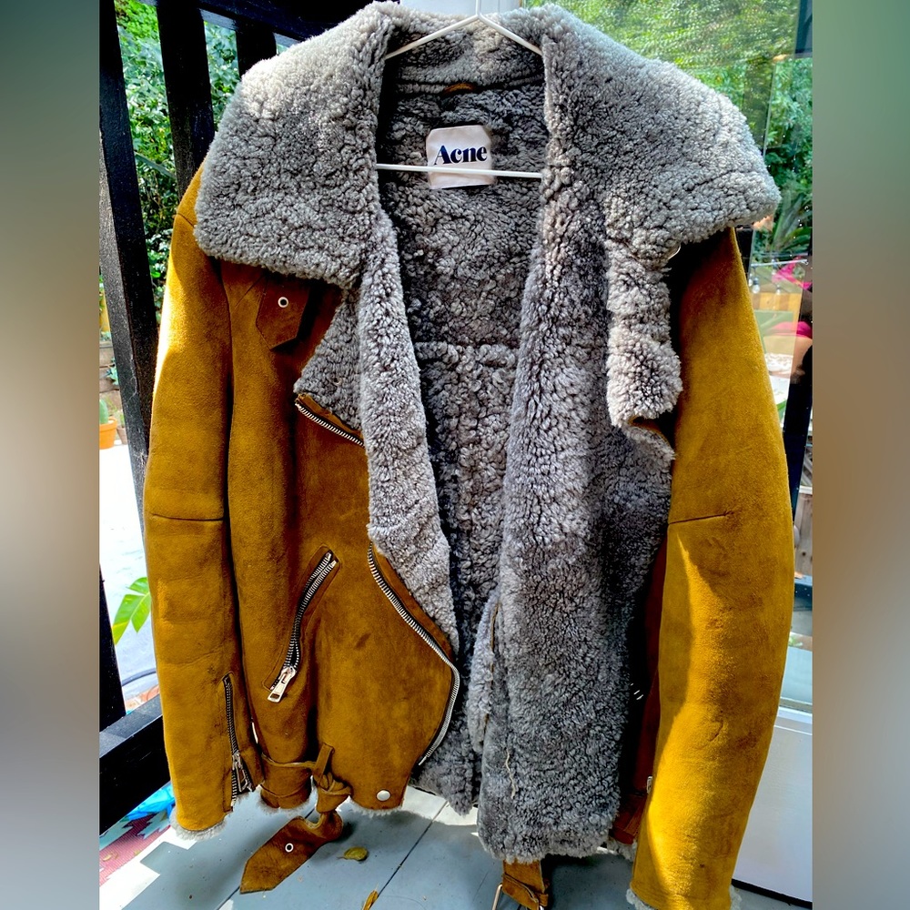 Acne Velicite Shearling Brown Gray Moto Jacket Coat 38 oversized Sheepskin suede